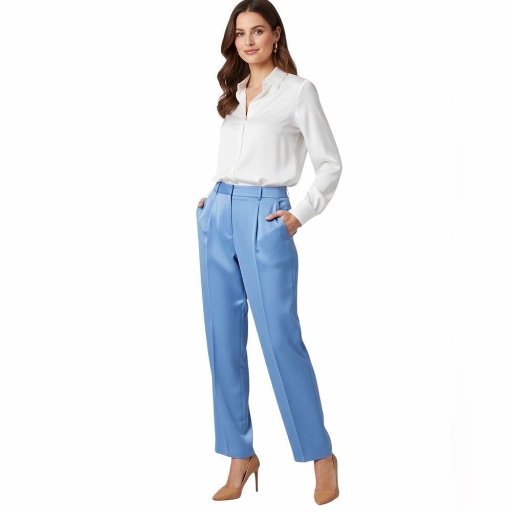 Calvin Klein Azurine High-Waist Straight Leg Pants in Light Blue 12